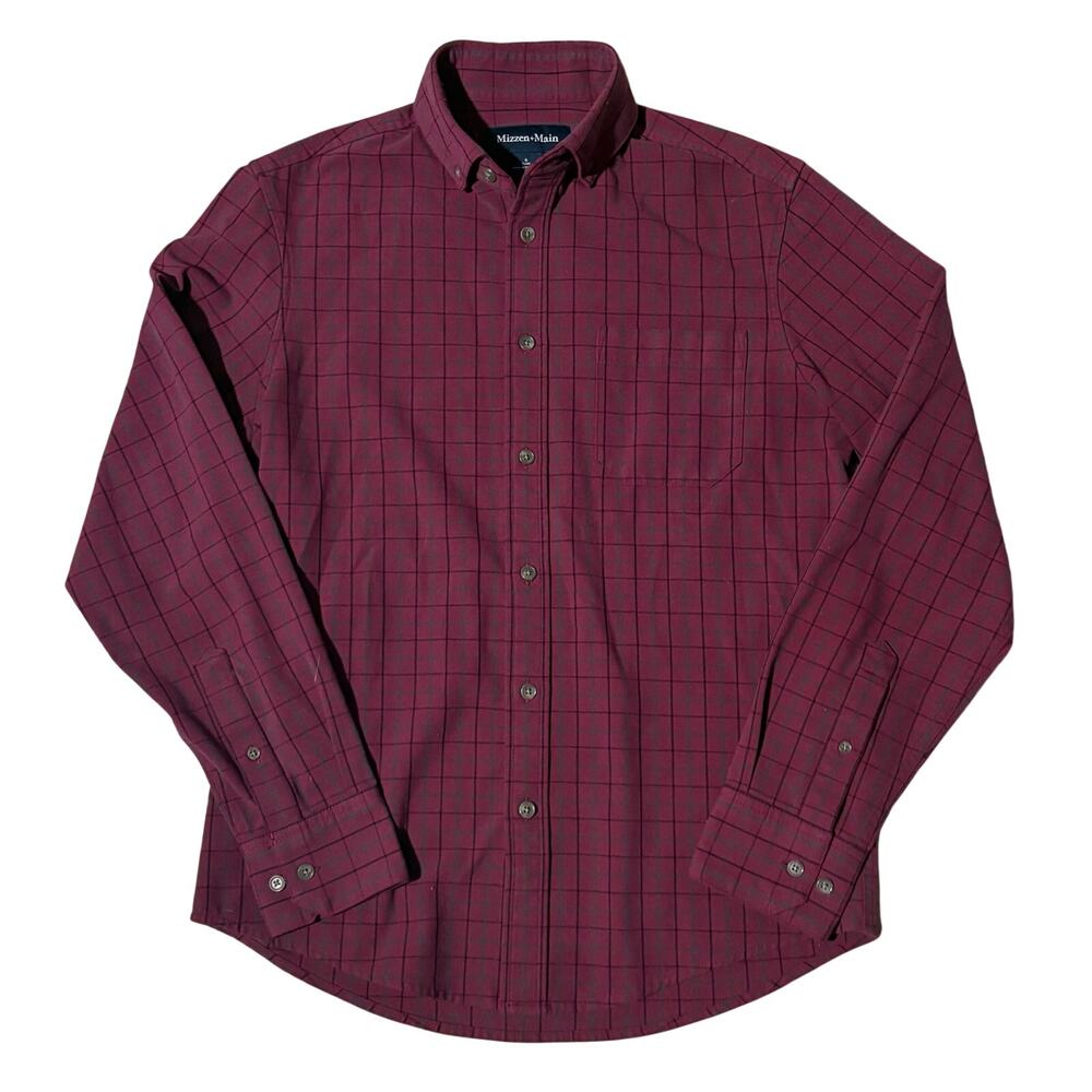 Mizzen+Main Men's Button Down Up Shirt No Tuck Maroon Plaid Check Small Trim Fit